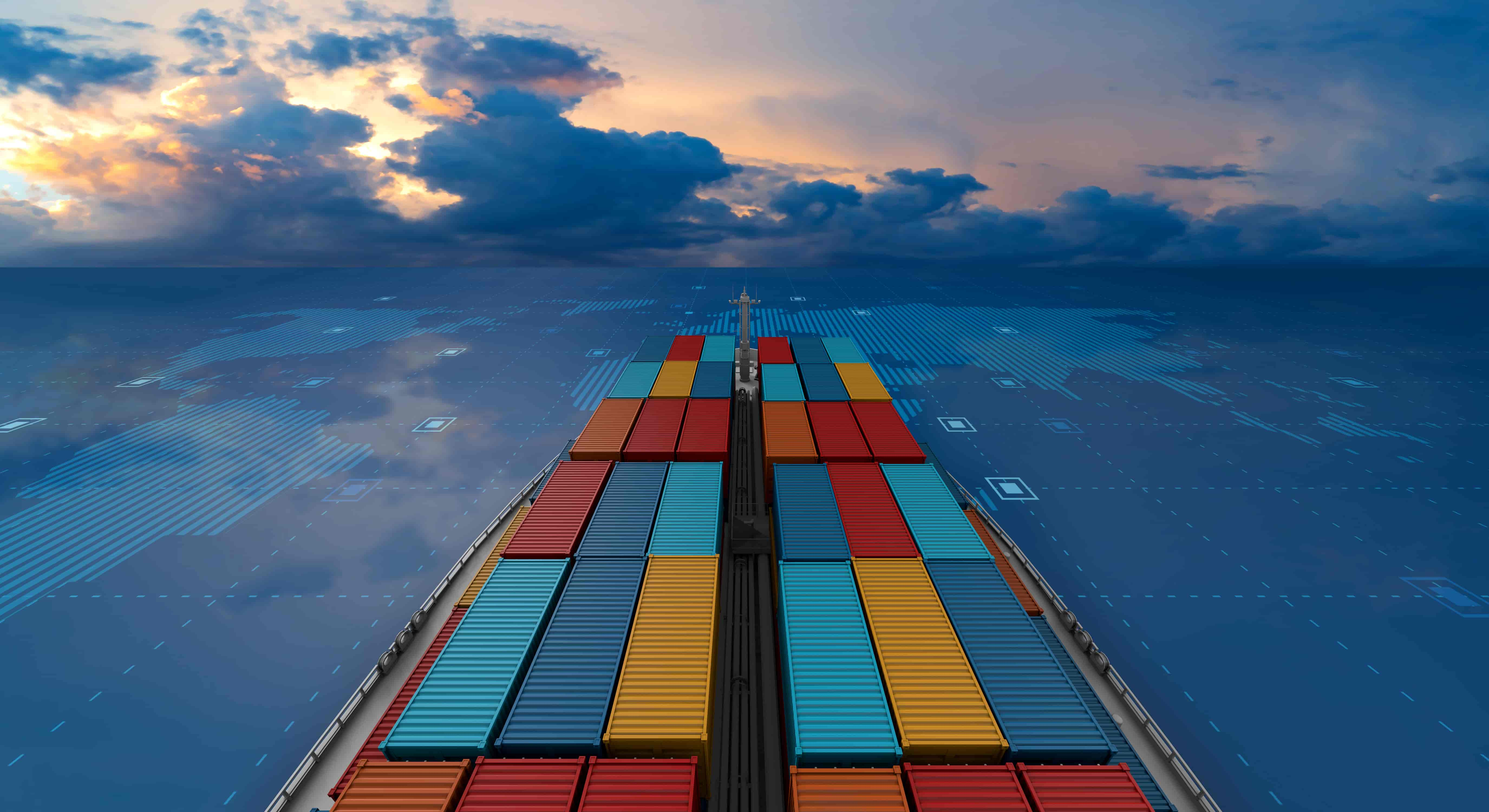 A huge ocean cargo ship laden with containers on a virtual sea