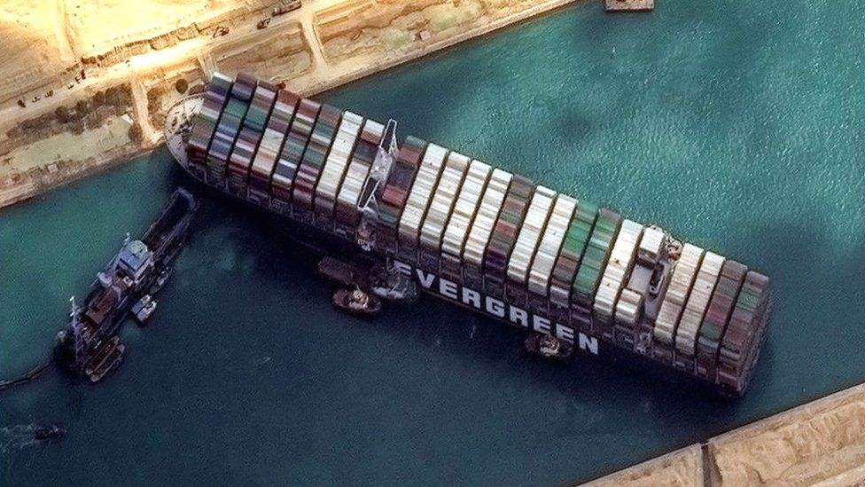 Ever Given ship stuck in Suez Canal aerial shot